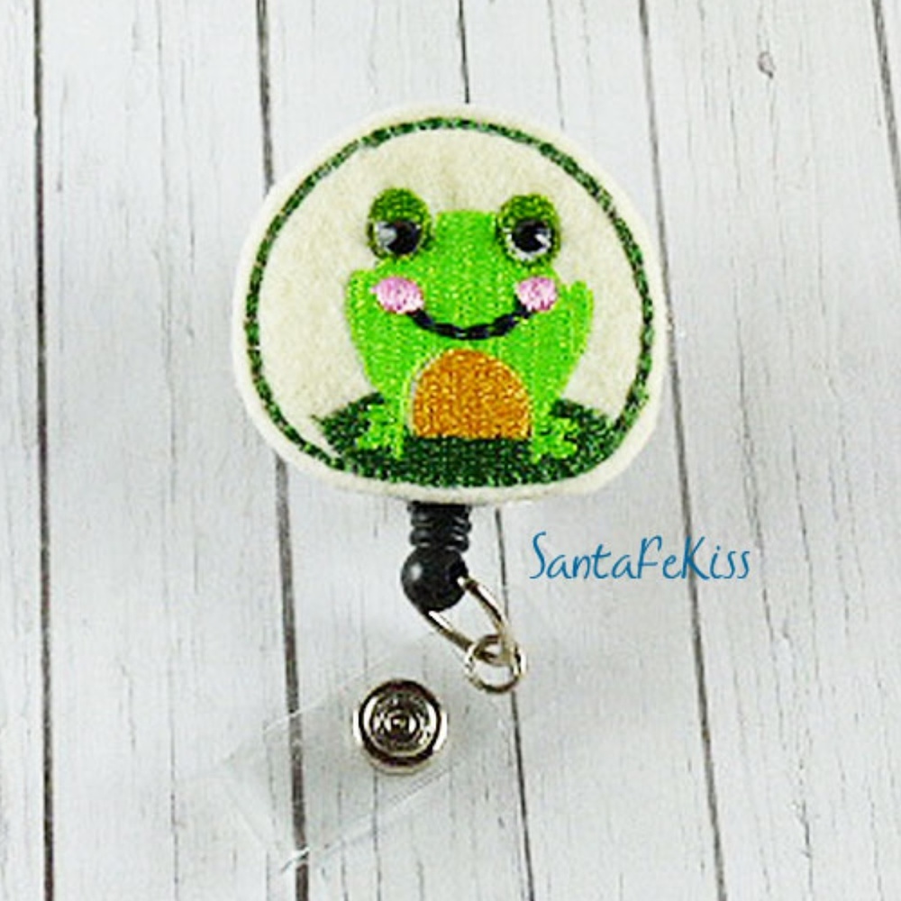 Green Frog Felt Badge Reel Handmade by SantaFeKiss